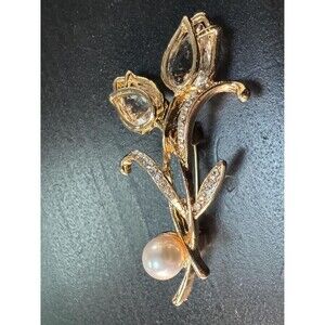 Vintage Teardrop Clear Inlaid Floral Gold Tone Brooch Pin B37
